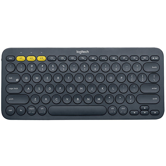 Logitech K380 Mini Bluetooth wireless keyboard with tablet and phone, part of American Smart EP Pebble2+K390 set, on a desk.