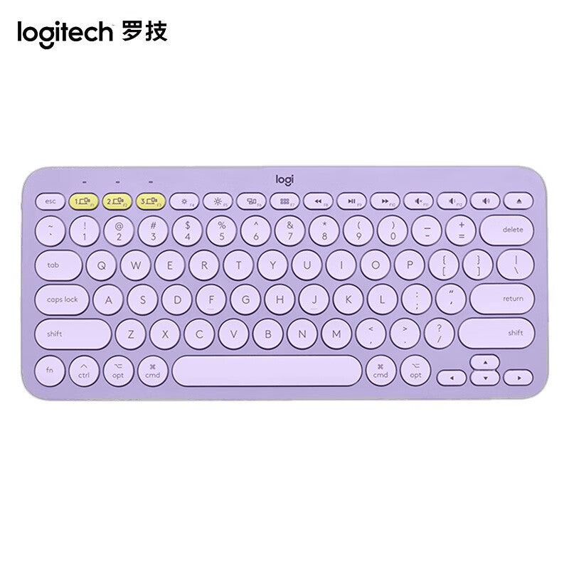 Logitech K380 mini Bluetooth wireless keyboard with tablet and phone, in a compact, pebble-shaped design, for versatile device use.