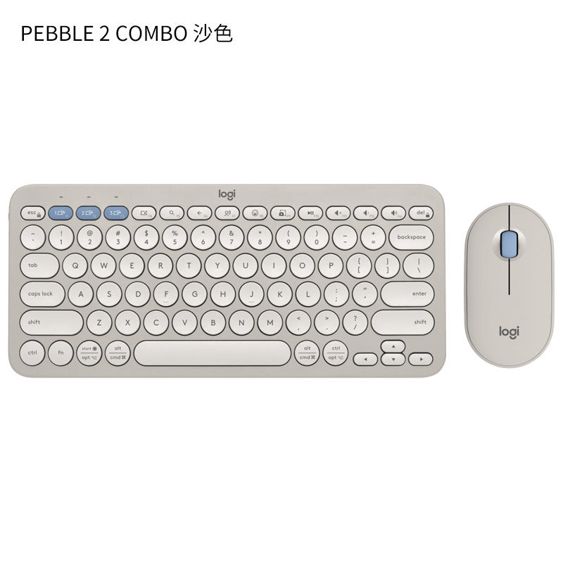 Logitech K380 mini Bluetooth wireless keyboard with tablet and phone, part of American Smart EP Pebble2+K390 set, on a clean surface.