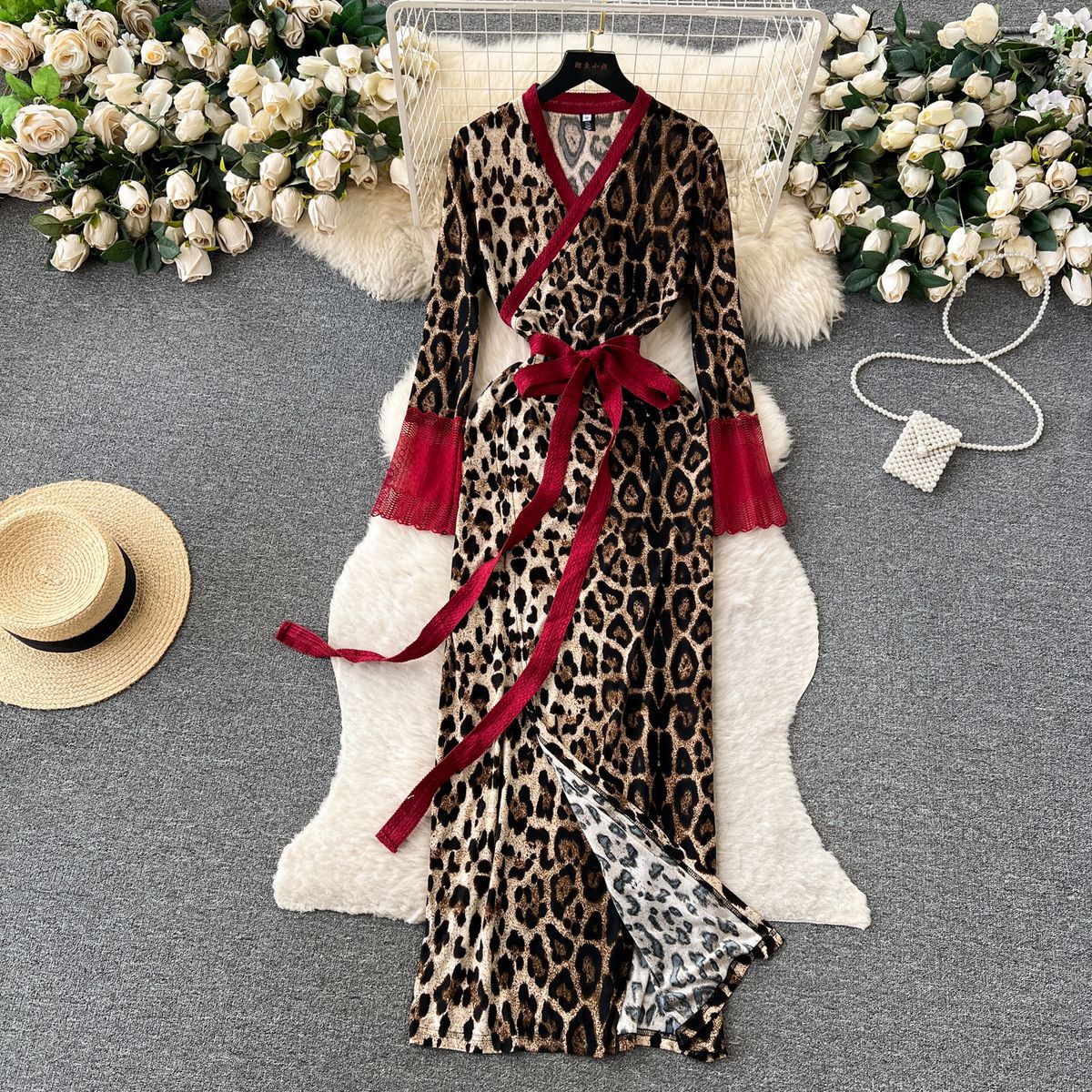 Sexy leopard print maxi dress for women by American Smart, featuring a slim waist and Korean-inspired style.