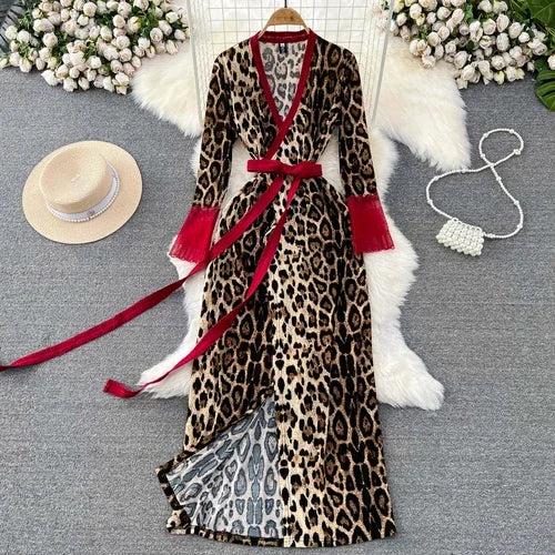 American Smart leopard print women's maxi dress featuring a slim waist, sexy Korean style, and elegant fit for fashionable occasions.