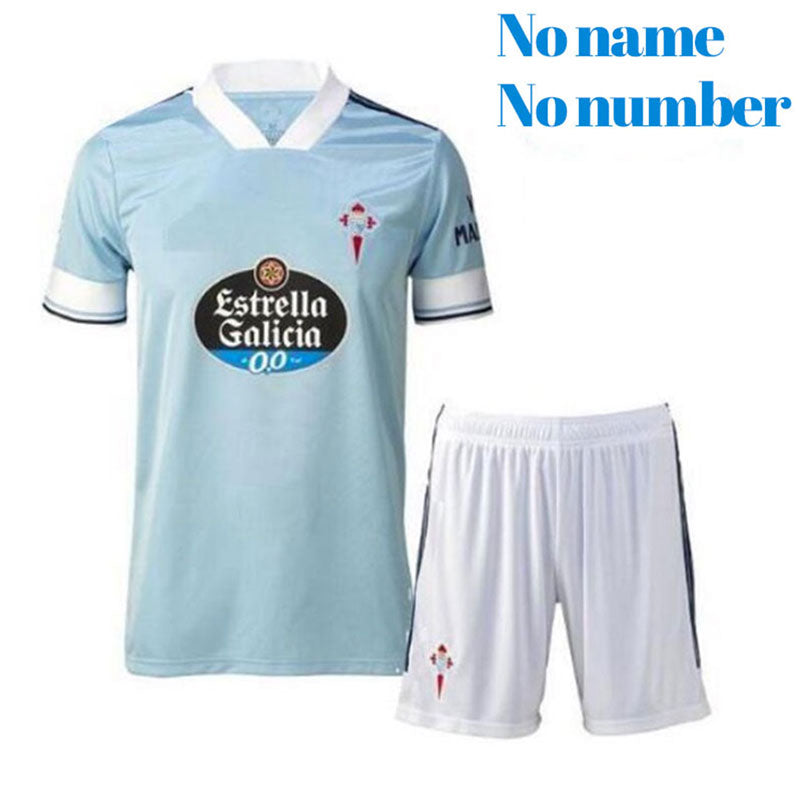 Celta Vigo away football jersey 2020-2021 featuring Iago Aspas, Rafinha, Gomez, and Sisto, worn by adult players.