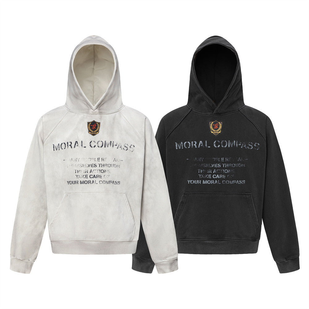 American Smart embroidered letter hoodie featuring a loose fit and emblem design, made of soft, comfortable fabric.