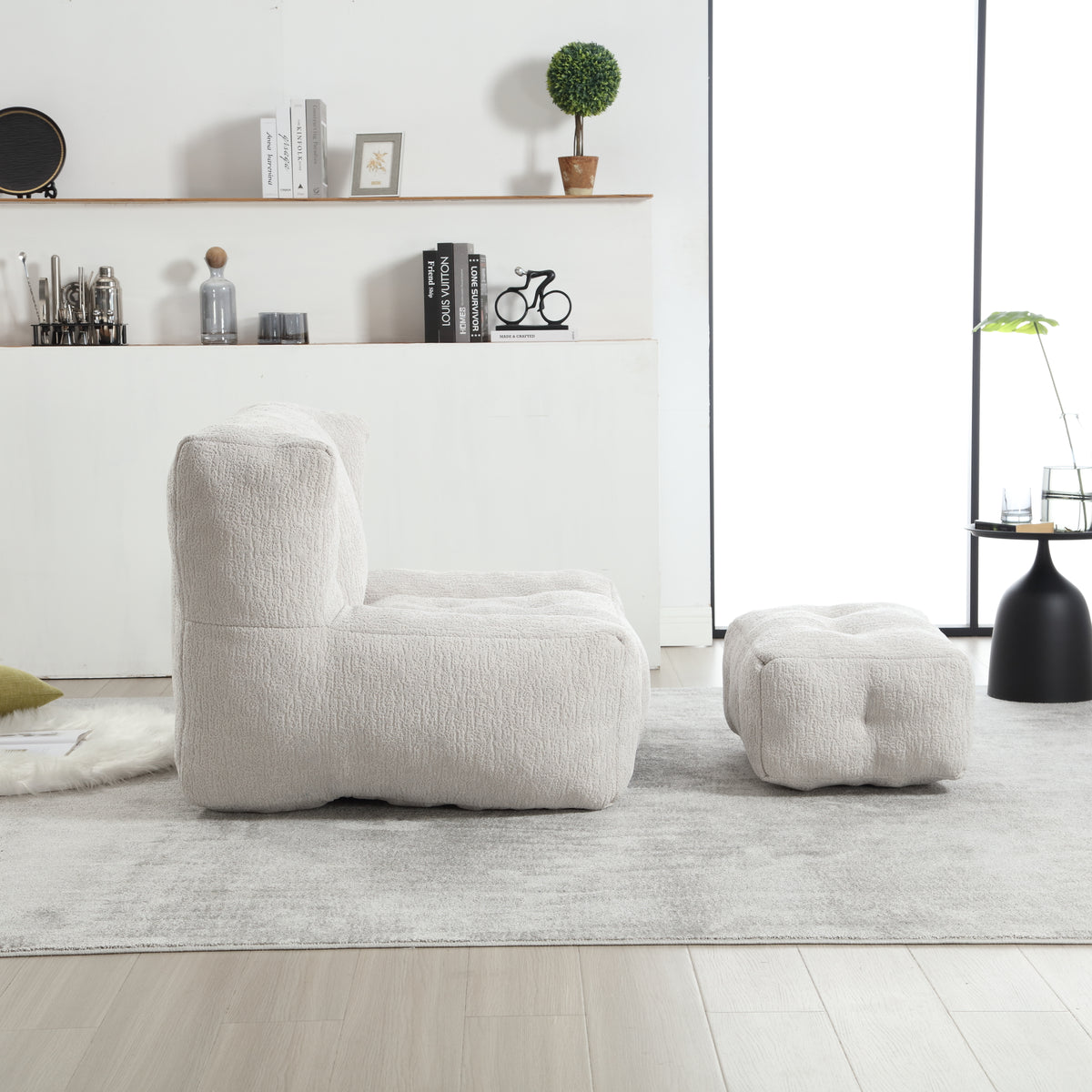 Super soft American Smart EP fluffy bean bag chair with memory foam and footstool, modern indoor lounge furniture.