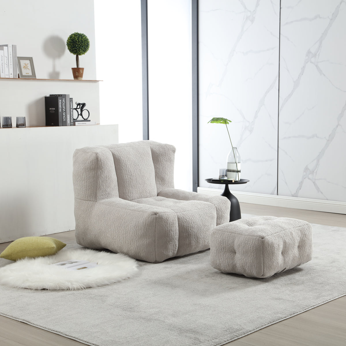 American Smart fluffy bean bag chair with soft memory foam, modern indoor design, includes footstool for comfortable lounging.