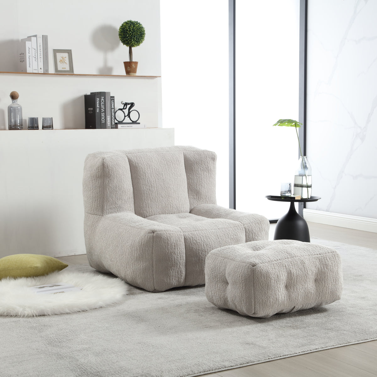 Super soft American Smart EP fluffy bean bag chair with memory foam and footstool, indoor modern couch for relaxing comfort.