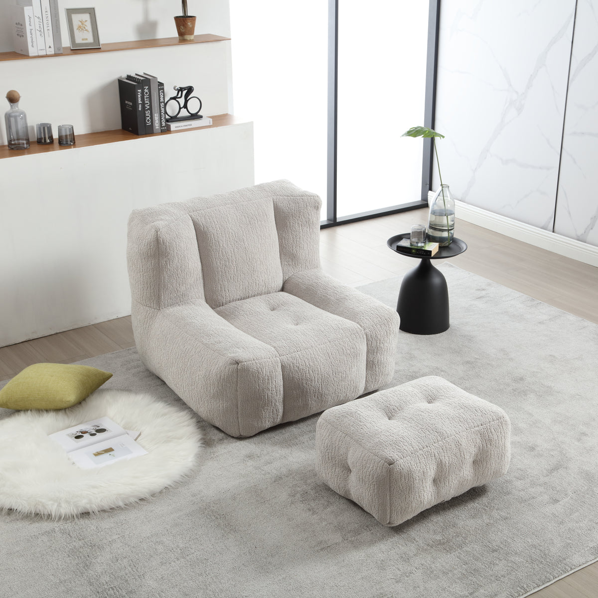 American Smart EP fluffy bean bag chair with memory foam, modern indoor couch with footstool, soft and comfortable lounging seat.