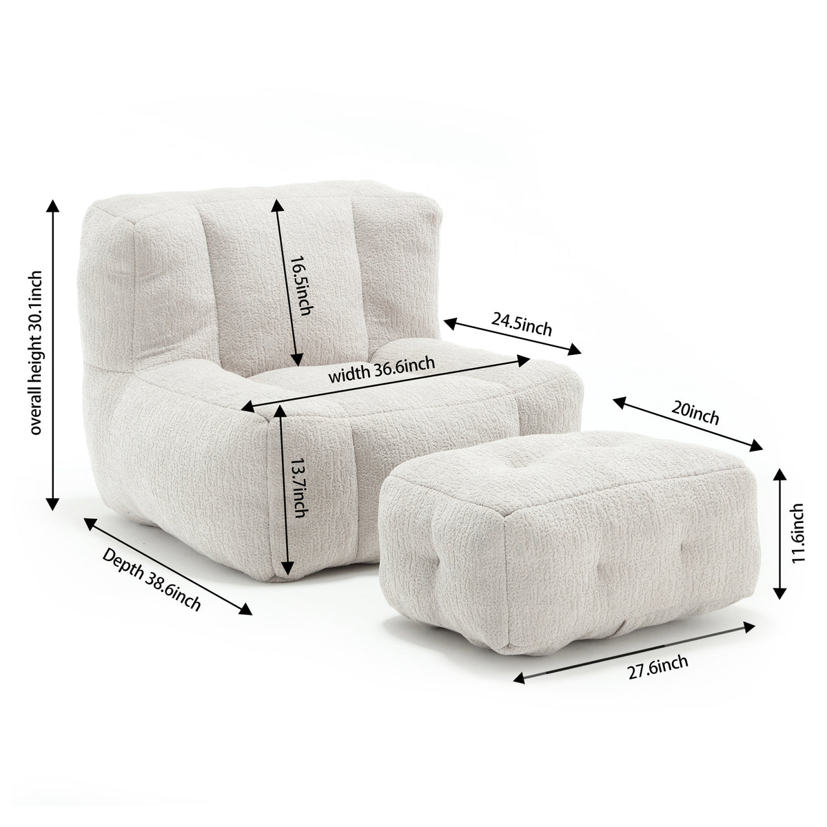American Smart EP fluffy bean bag chair with memory foam, modern indoor couch with footstool, soft, plush, and comfortable seating