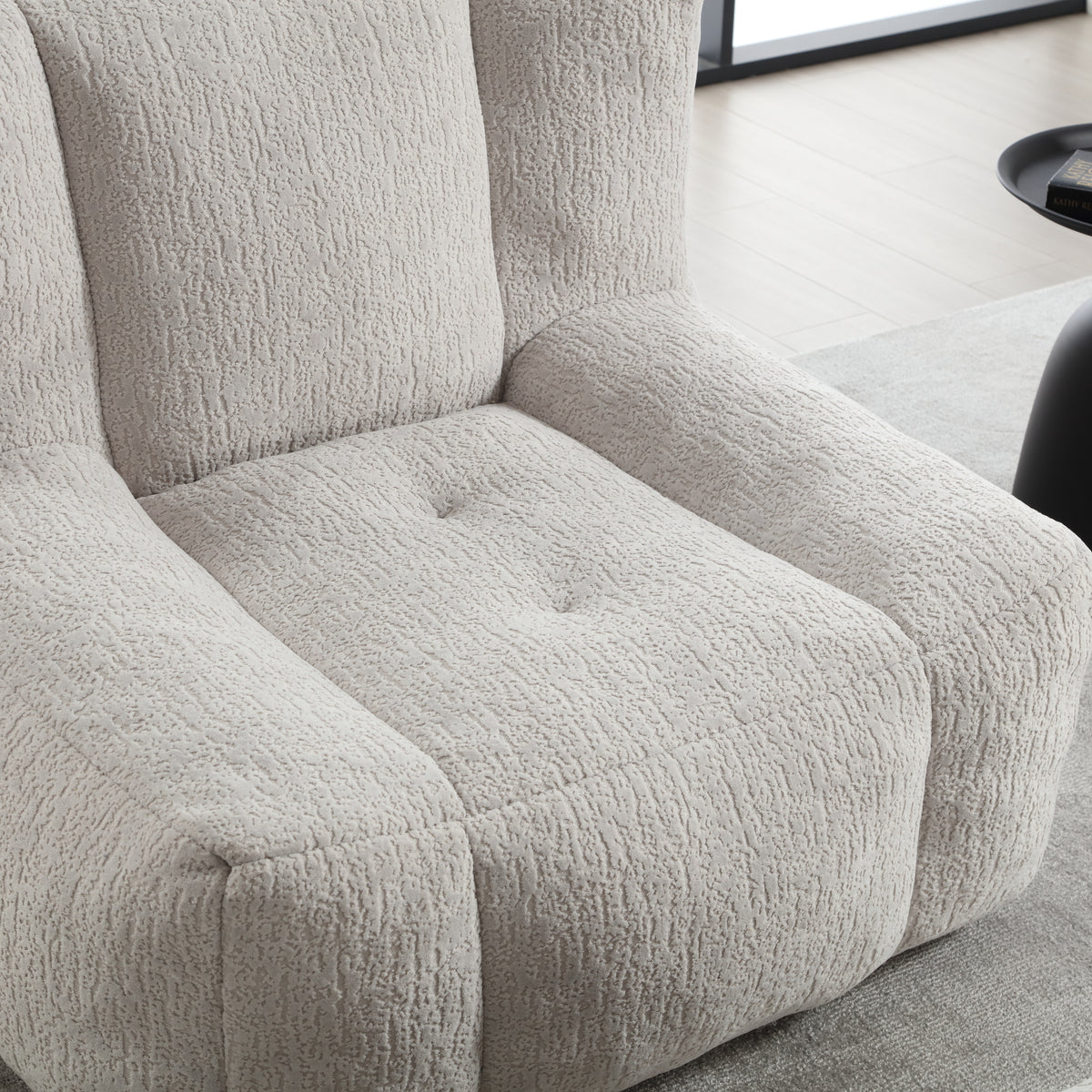 Super soft American Smart EP fluffy bean bag chair with memory foam and footstool, modern indoor lounge couch in a cozy setting.