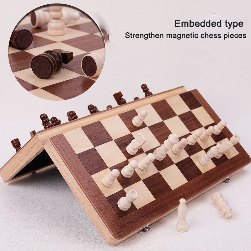 Folding magnetic chessboard with solid wood surface and double queen pieces, adult and children's chess game by American Smart EP