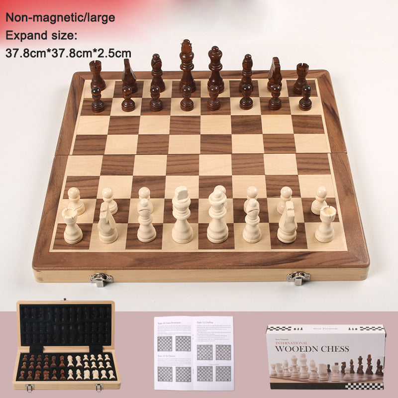 Magnetic folding chessboard with solid wood design, featuring double queen pieces, ideal for adult and children's chess games.