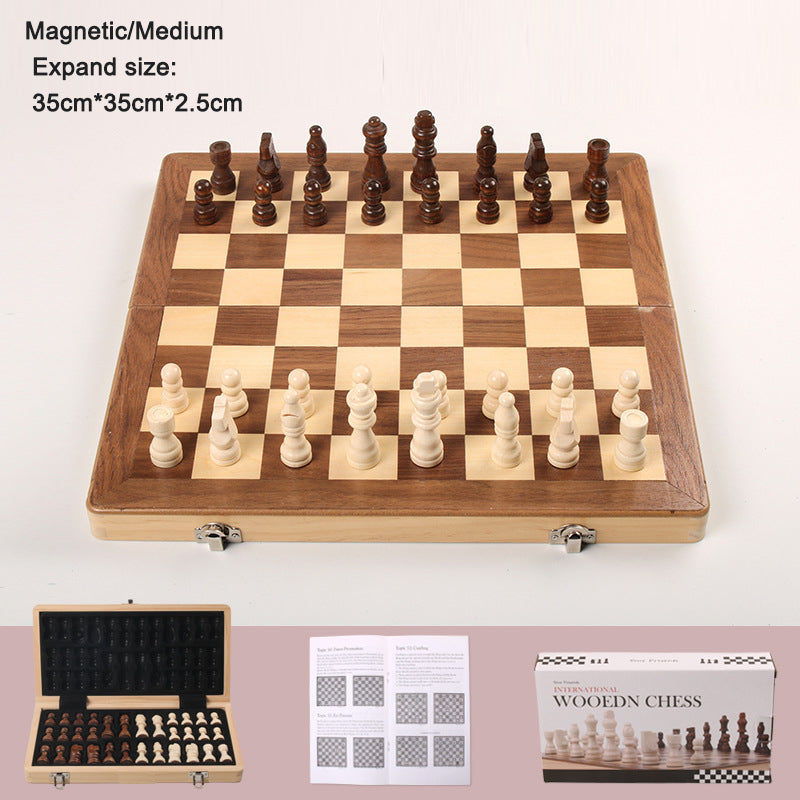Magnetic folding chessboard with solid wood squares, featuring a double queen set, ideal for adults and children playing chess.