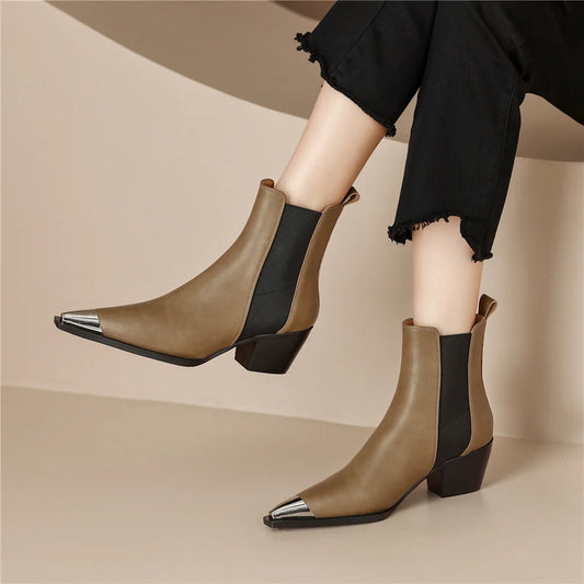 Genuine leather women's ankle boots with thick heels, metal accents, ideal for office, autumn, winter, featuring fashion splicing design.