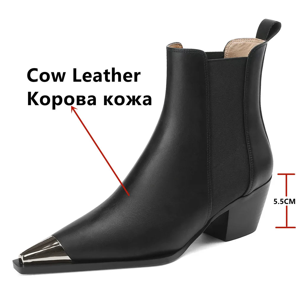 Genuine leather women's ankle boots with thick heels, metal decoration, suitable for office and autumn winter fashion.