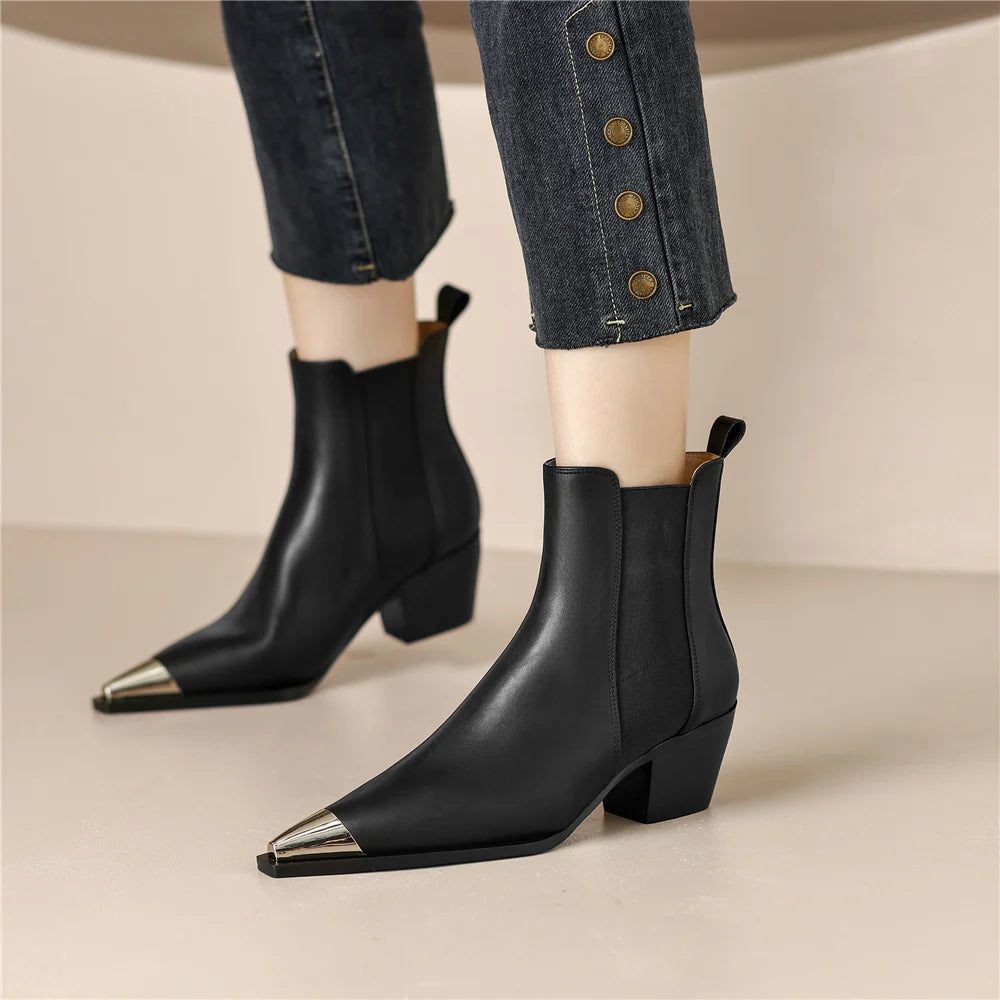 Fashion splicing genuine leather women's ankle boots with thick heels, metal decoration, ideal for autumn winter office wear.