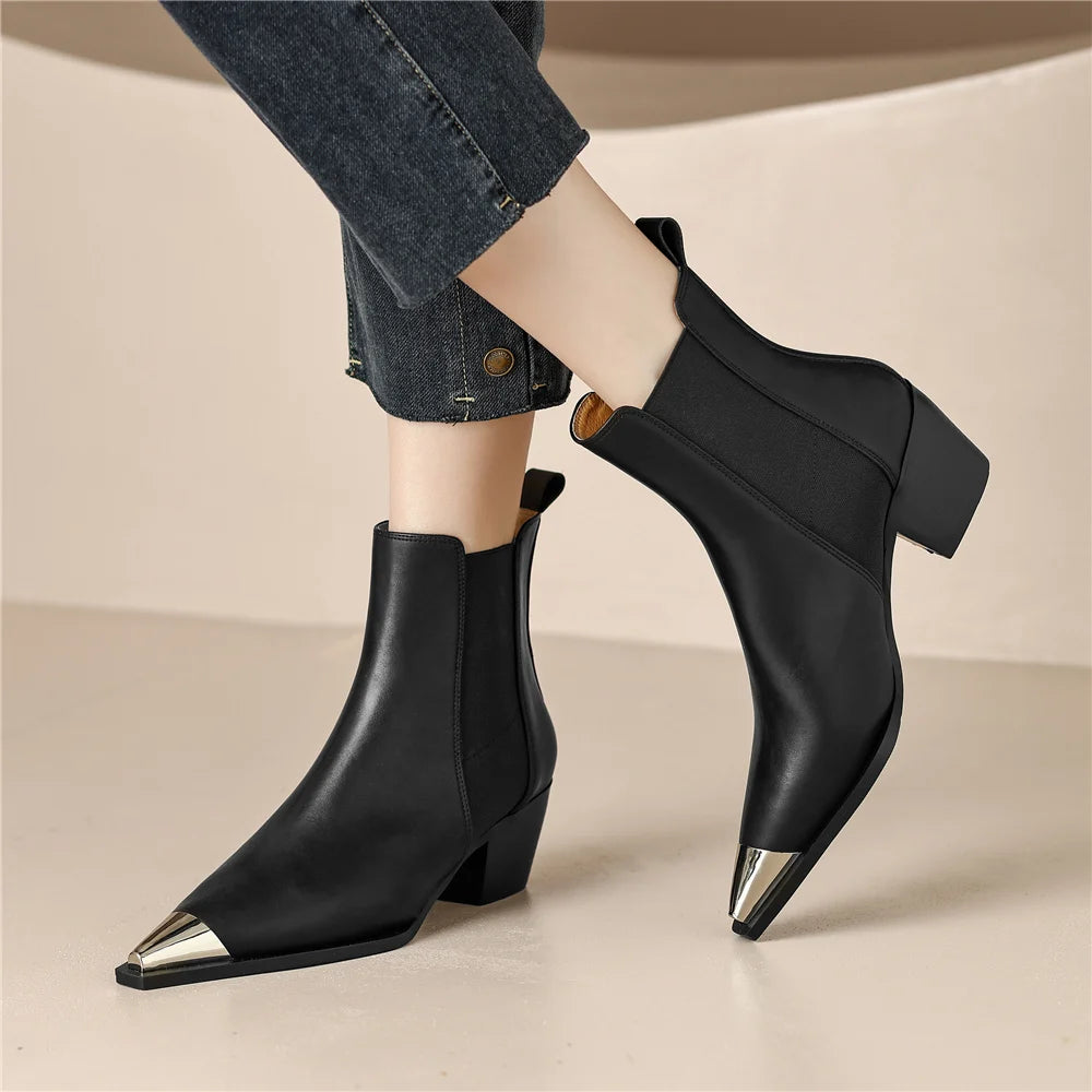 Genuine leather women's ankle boots with thick heels, metal decoration, in black, suitable for office and autumn winter wear.