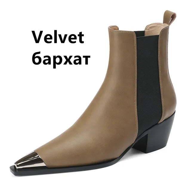 Fashion splicing genuine leather women's ankle boots with thick heels, metal decoration, suitable for office and autumn winter wear.