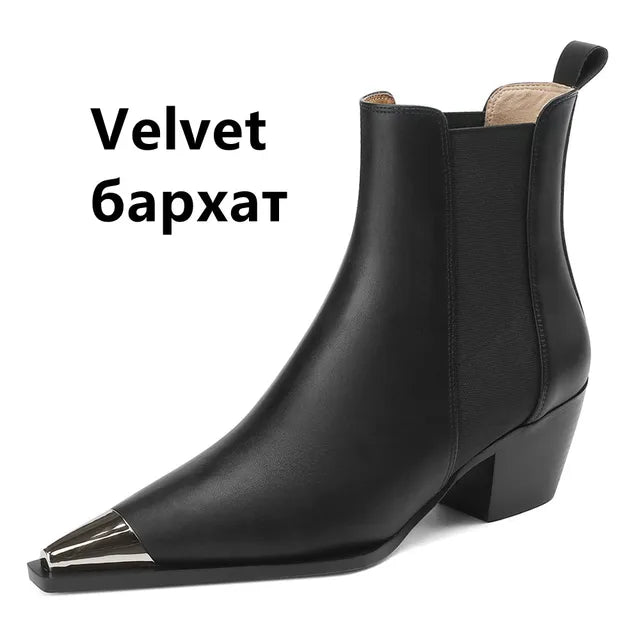 Fashion splicing genuine leather women's ankle boots with thick heels, metal decoration, suitable for autumn and winter office wear.