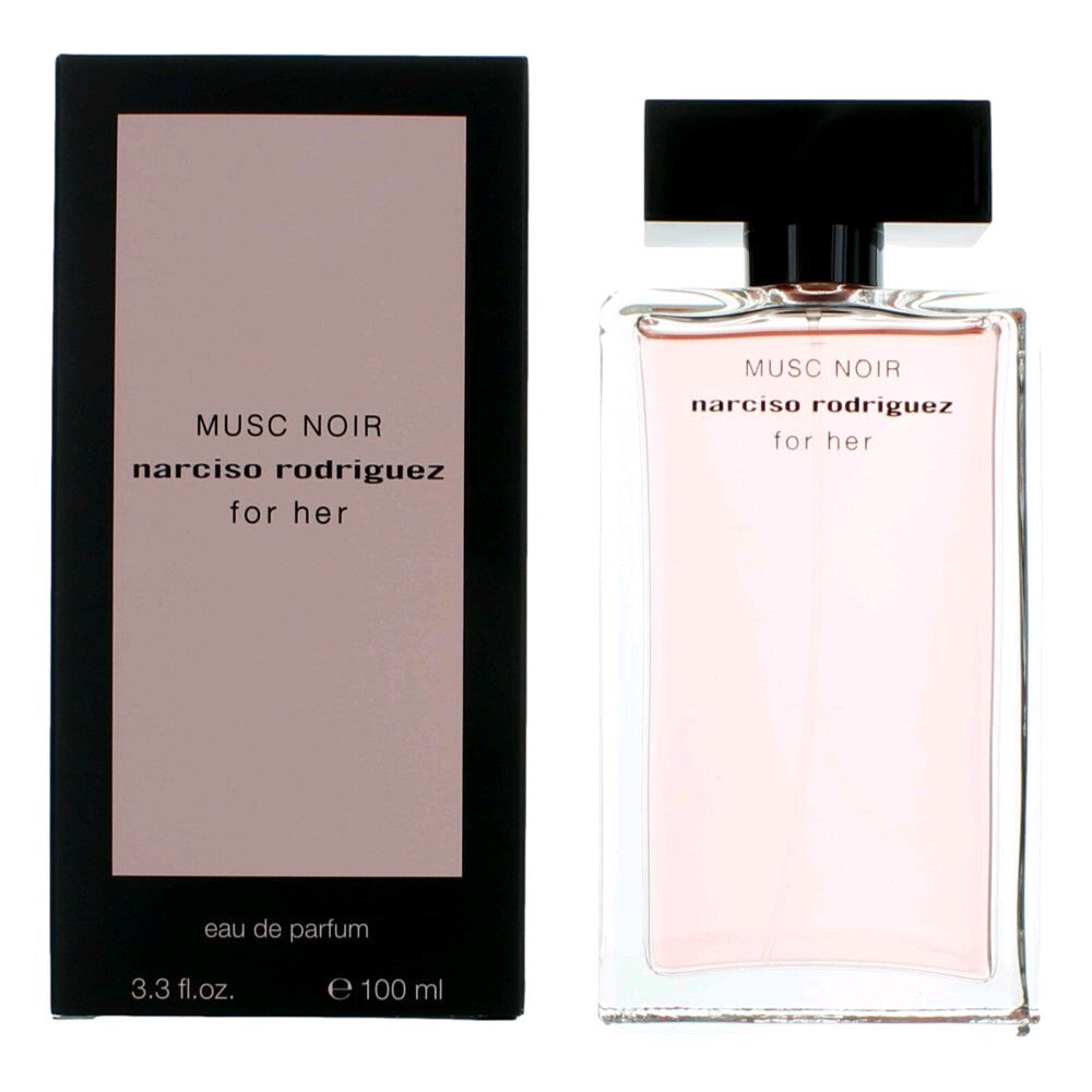 Narciso Rodriguez Musc Noir Eau de Parfum spray for women, 3.3 oz, featuring the sleek, elegant bottle design.