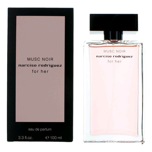 Narciso Rodriguez Musc Noir Eau de Parfum spray for women, 3.3 oz, featuring the sleek, elegant bottle design.