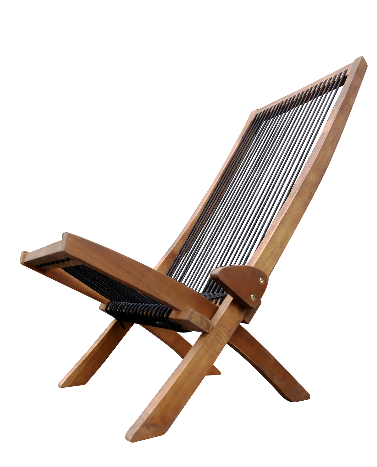 Folding roping wood chair by American Smart EP with a wooden seat and backrest, showcasing a compact, foldable design.