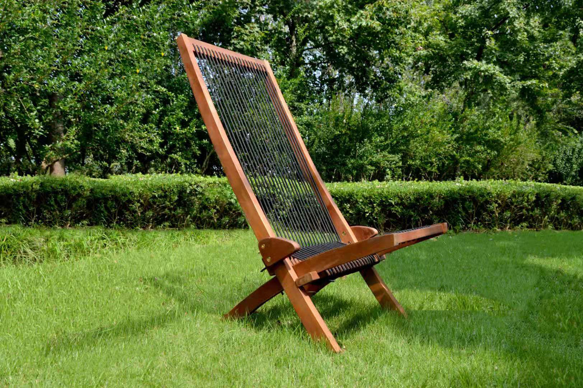 Folding roping wood chair by American Smart EP, showcasing its portable design and natural wood finish with rope detailing.