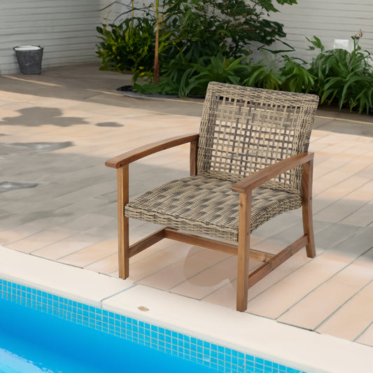 Set of two Hampton wood and wicker club chairs by American Smart, featuring classic design with wooden frames and woven wicker seats.