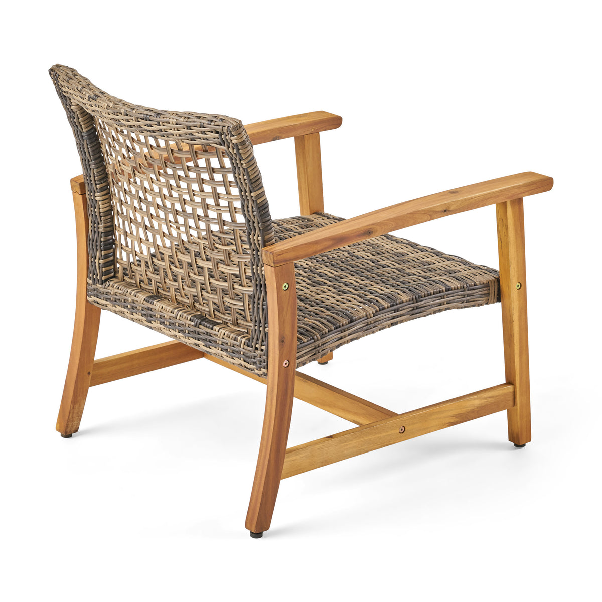 Set of two Hampton wood and wicker club chairs by American Smart, featuring classic design with wooden frames and woven wicker seats.
