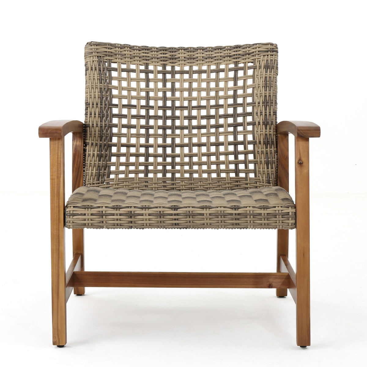 Set of two Hampton wood and wicker club chairs by American Smart, featuring classic design with wooden frames and woven wicker seats.