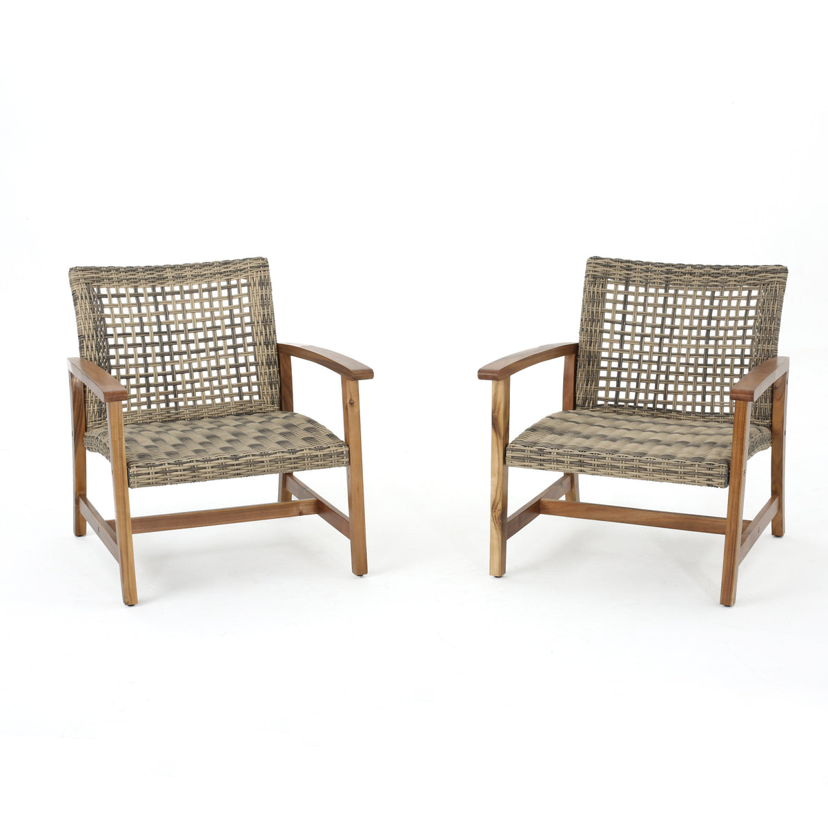 Set of two Hampton Wood and Wicker Club Chairs by American Smart, featuring wooden frames and woven wicker seats.