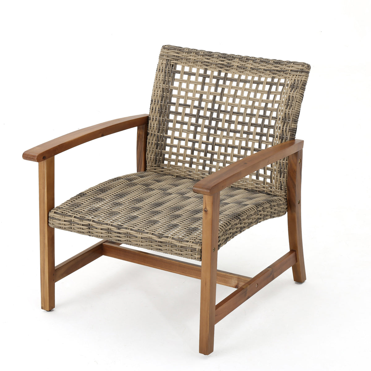 Set of two Hampton wood and wicker club chairs by American Smart, featuring classic design with wooden frames and woven wicker seats.