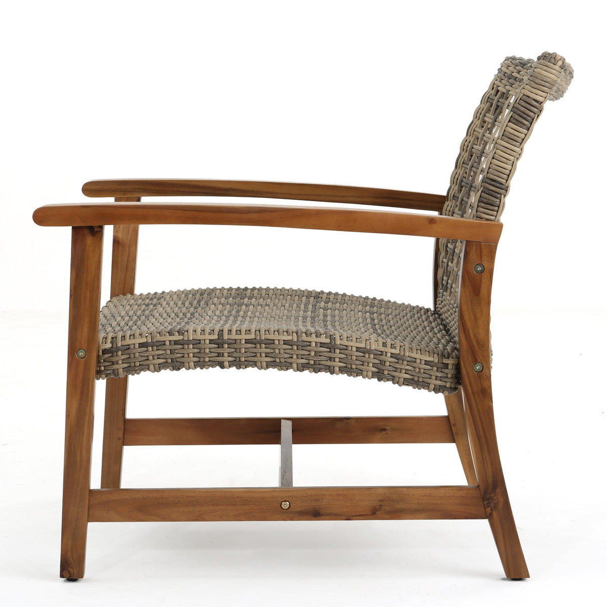 Set of two Hampton wood and wicker club chairs by American Smart, featuring classic design with wooden frames and woven wicker seats.