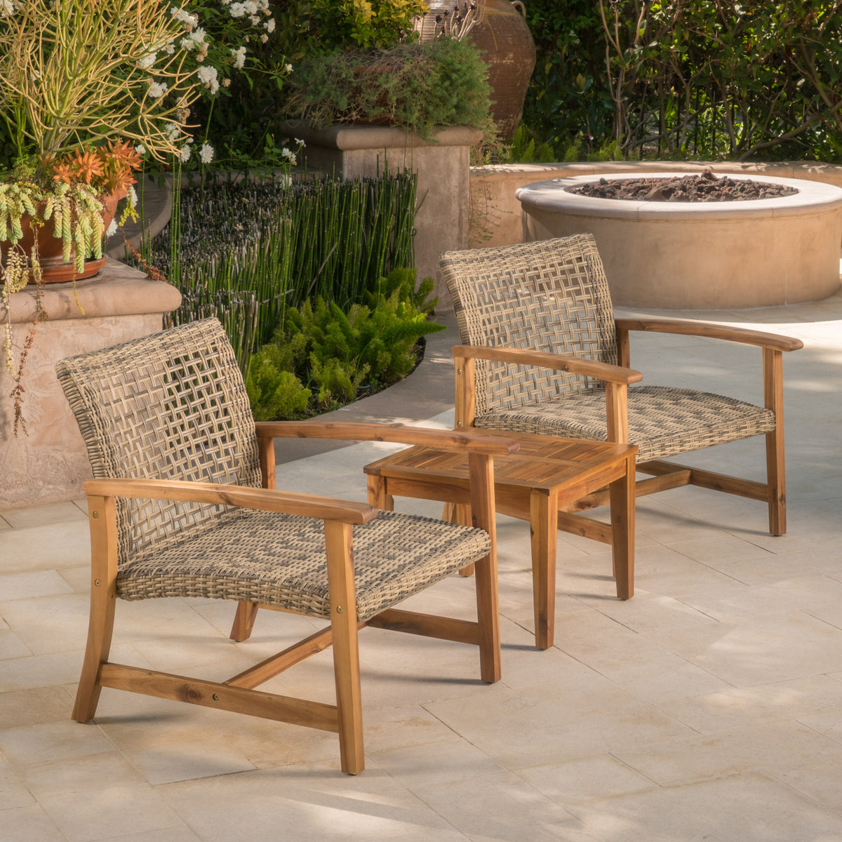 Set of two Hampton wood and wicker club chairs by American Smart, showcasing stylish, comfortable seating with wood frames and wicker details.
