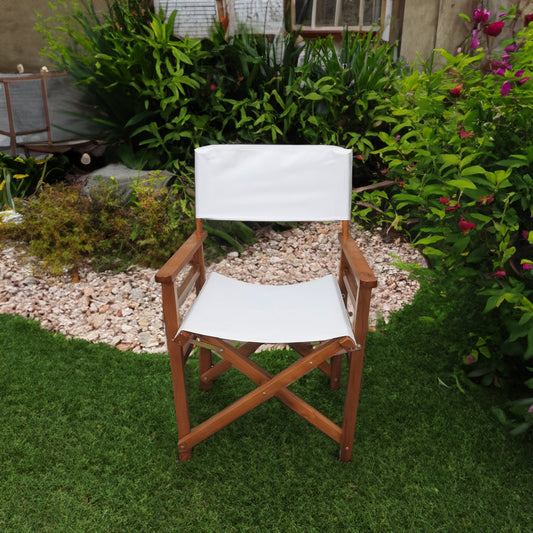 Set of two American Smart wooden director folding chairs with white canvas seats, lightweight and portable for outdoor or indoor use.