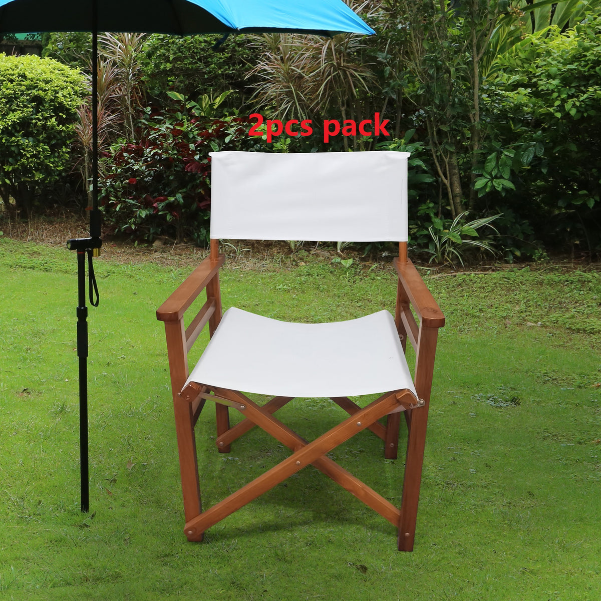 Pair of white wooden director folding chairs with canvas seats, American Smart - EP, featuring sturdy frames and portable design.