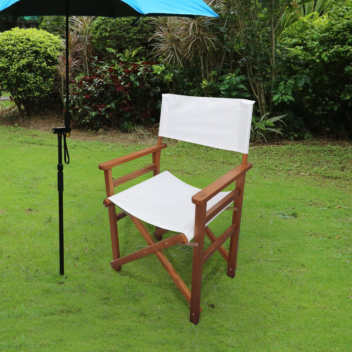 Pair of white wooden folding director chairs with canvas seats and backs, from American Smart - EP, shown folded and set up.