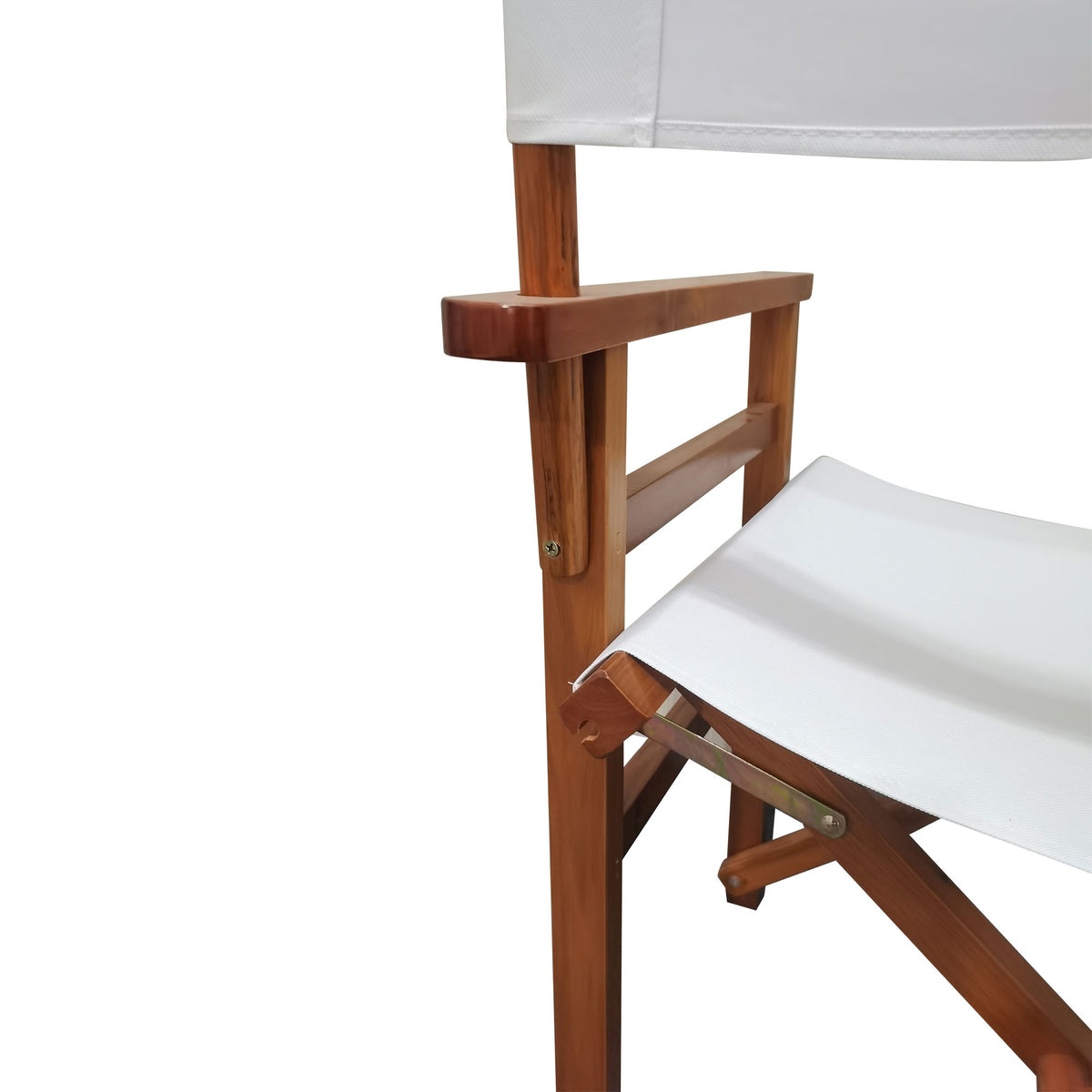 Two white wooden director folding chairs with canvas seats from American Smart - EP, lightweight and portable for outdoor or indoor use.