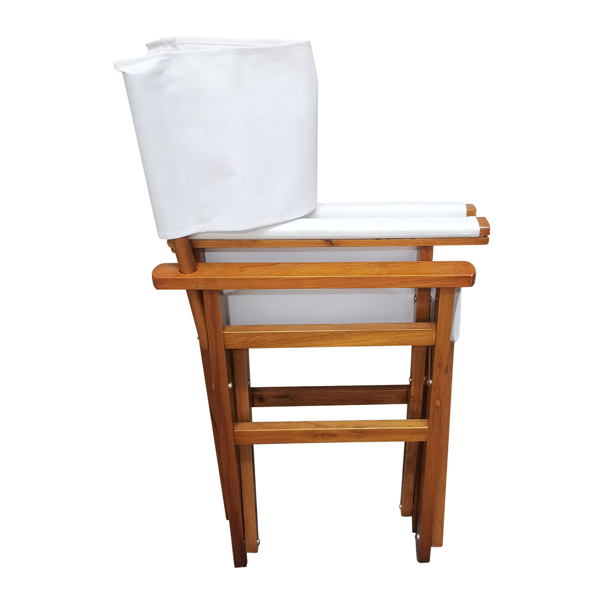 Set of two American Smart wooden director folding chairs with white canvas seats, lightweight and portable for indoor or outdoor use.