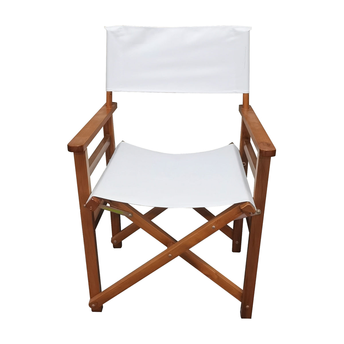 White wooden folding director chair set with canvas seats, American Smart - EP, lightweight and portable for indoor and outdoor use.