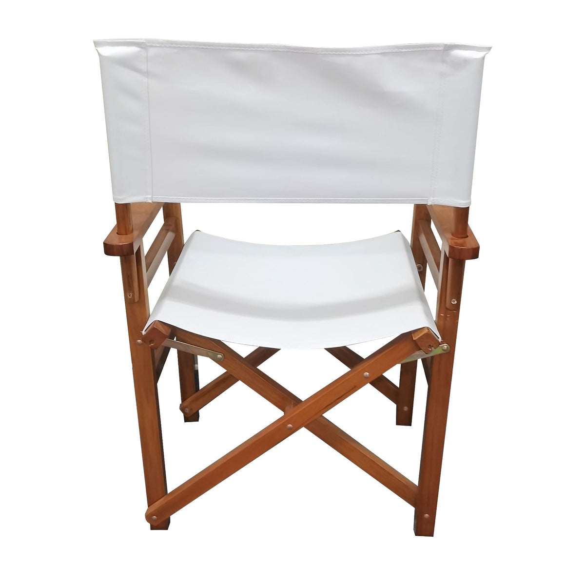 Set of two American Smart wooden director folding chairs with white canvas seats, featuring a sturdy poplar frame and portable design.