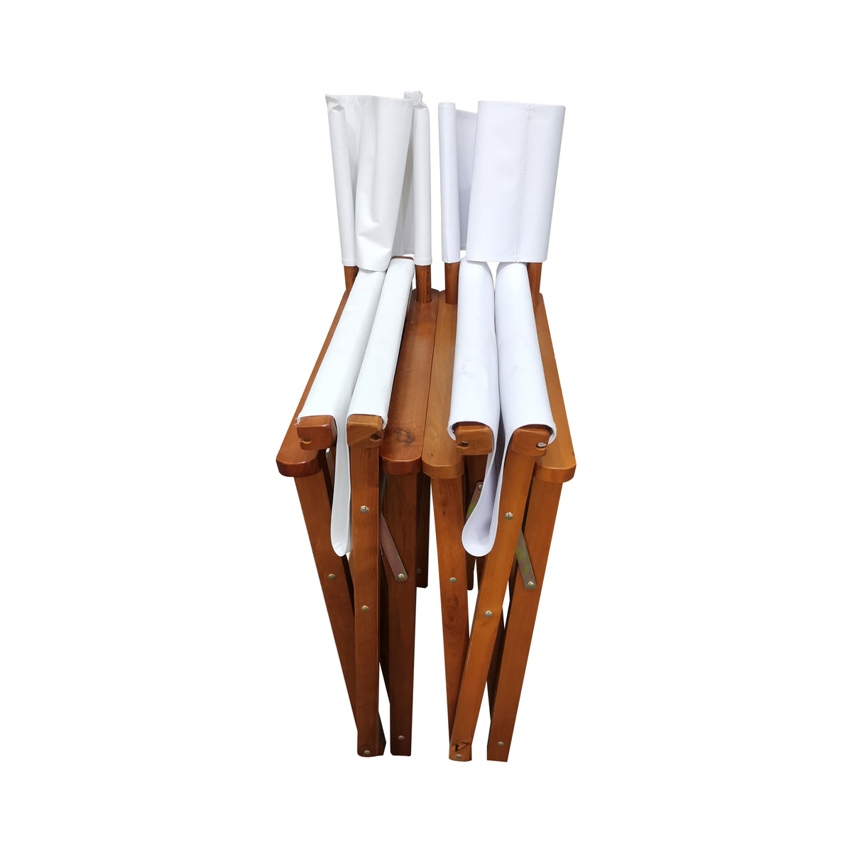 Set of two American Smart wooden director folding chairs with white canvas seats, featuring a sturdy poplar frame and portable design.