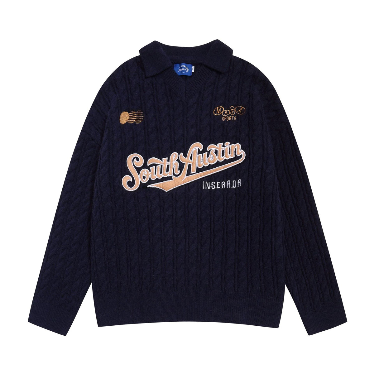 American Smart V-neck casual sweater with letter embroidery, soft knit fabric, and relaxed fit, perfect for everyday wear.