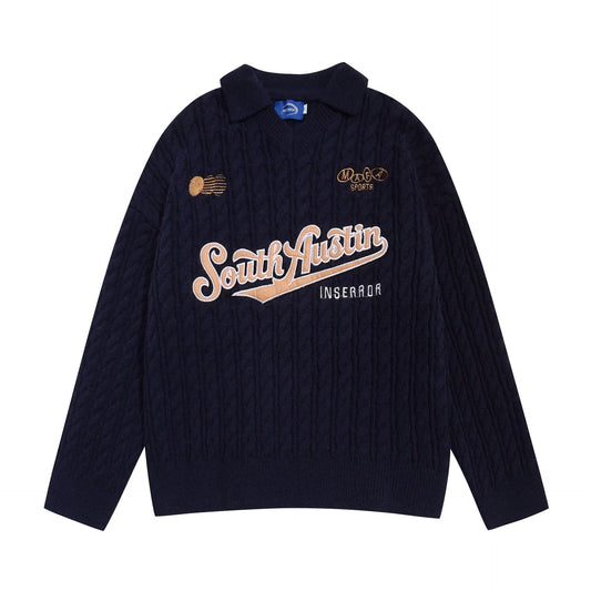 American Smart V-neck casual sweater with letter embroidery, soft knit fabric, and relaxed fit, perfect for everyday wear.