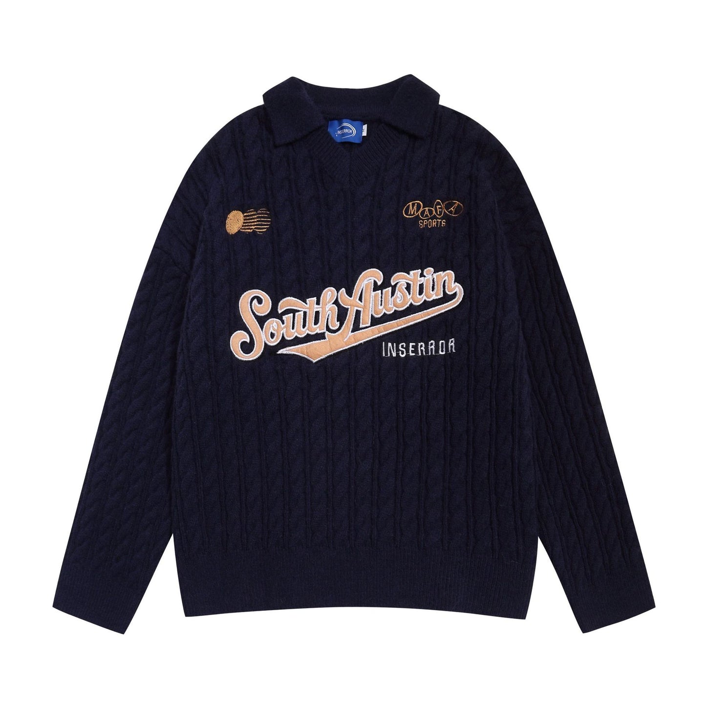 Light gray V-neck casual sweater with letter embroidery from American Smart EP, featuring a relaxed fit and soft knit fabric.