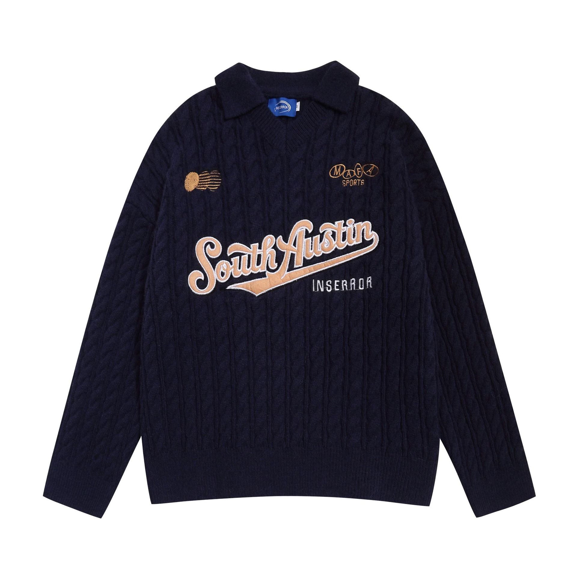 Light gray V-neck casual sweater with letter embroidery from American Smart EP, featuring a relaxed fit and soft knit fabric.