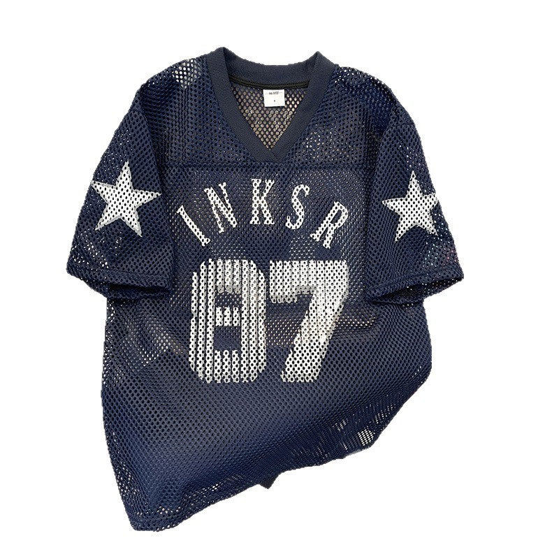 Navy blue digital mesh jersey with retro printed design, short sleeves, American Smart - EP brand, sporty basketball-inspired t-shirt