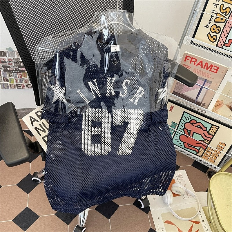 Navy blue digital mesh jersey t-shirt with retro printed ball design, short sleeves, by American Smart - EP.