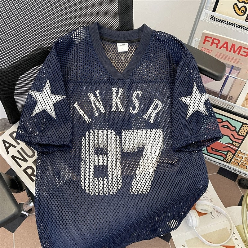 Navy blue digital mesh jersey with retro printed design, short sleeves, American Smart EP brand, sports ball jersey shirt