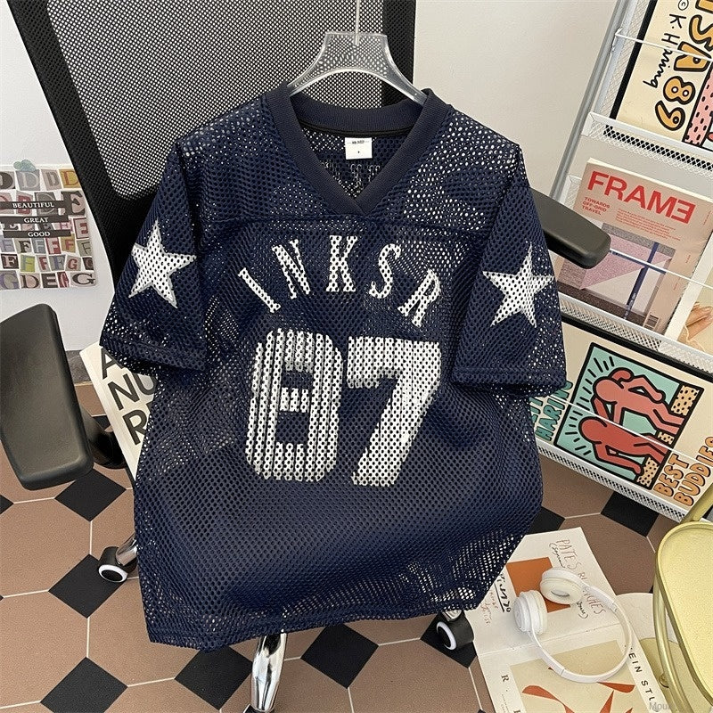 Navy blue digital mesh jersey t-shirt with retro printed ball design, short sleeves, by American Smart - EP.