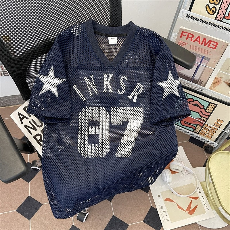 Navy blue digital mesh jersey T-shirt with retro printed design, short sleeves, by American Smart - EP.